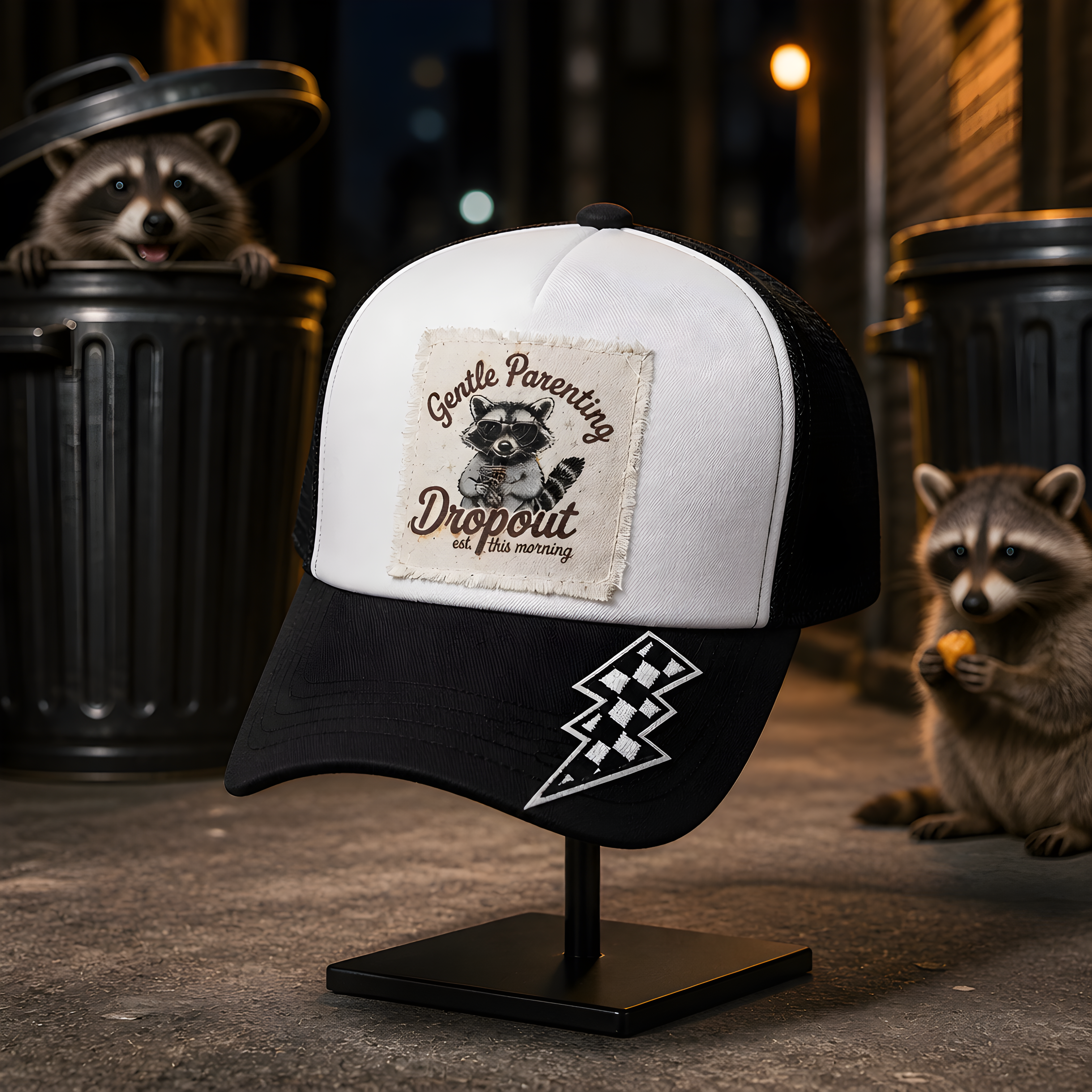A black and white trucker hat displayed on a black stand, featuring a custom embroidered patch that reads 'Gentle Parenting Dropout' with a raccoon illustration, and a white checkered lightning bolt patch on the brim. The hat is photographed in a nighttime street setting with raccoons in the background.